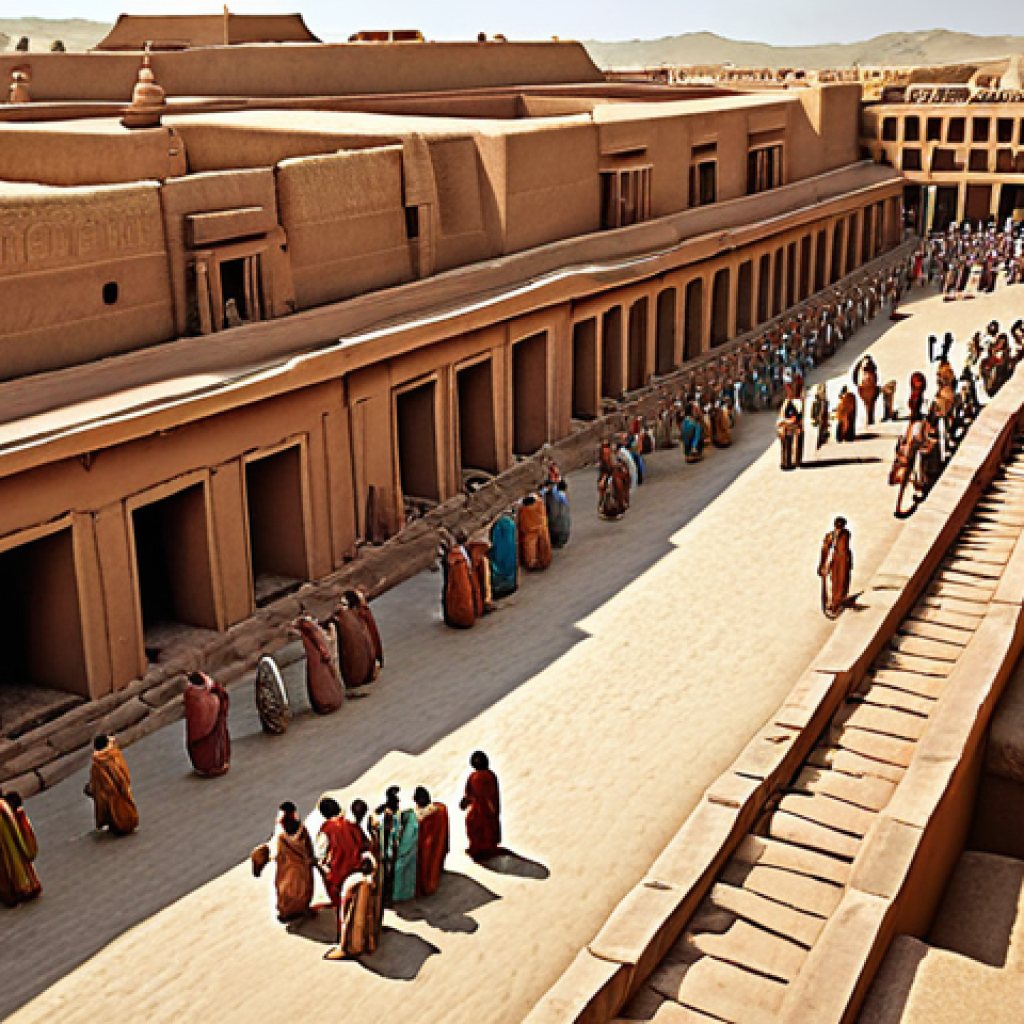**Image Prompt:** Depict a bustling city scene in the Indus Valley Civilization, showcasing advanced urban planning with well-organized streets, a sophisticated drainage system, and people engaged in daily life, with hints of early religious practices like the worship of mother goddesses.