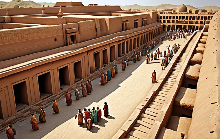 **Image Prompt:** Depict a bustling city scene in the Indus Valley Civilization, showcasing advanced urban planning with well-organized streets, a sophisticated drainage system, and people engaged in daily life, with hints of early religious practices like the worship of mother goddesses.