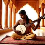 A deeply spiritual scene featuring a musician in a meditative pose, playing a sitar or tabla, with a gentle, golden glow emanating from the instrument. The air around them vibrates with visible, intricate sound waves, suggesting a cosmic connection. The setting is a serene, ancient temple interior bathed in soft, ethereal light, evoking inner peace and devotion. Focus on the rich textures of traditional Indian music instruments and a tranquil, contemplative atmosphere.