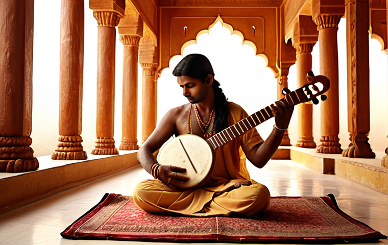 A deeply spiritual scene featuring a musician in a meditative pose, playing a sitar or tabla, with a gentle, golden glow emanating from the instrument. The air around them vibrates with visible, intricate sound waves, suggesting a cosmic connection. The setting is a serene, ancient temple interior bathed in soft, ethereal light, evoking inner peace and devotion. Focus on the rich textures of traditional Indian music instruments and a tranquil, contemplative atmosphere.